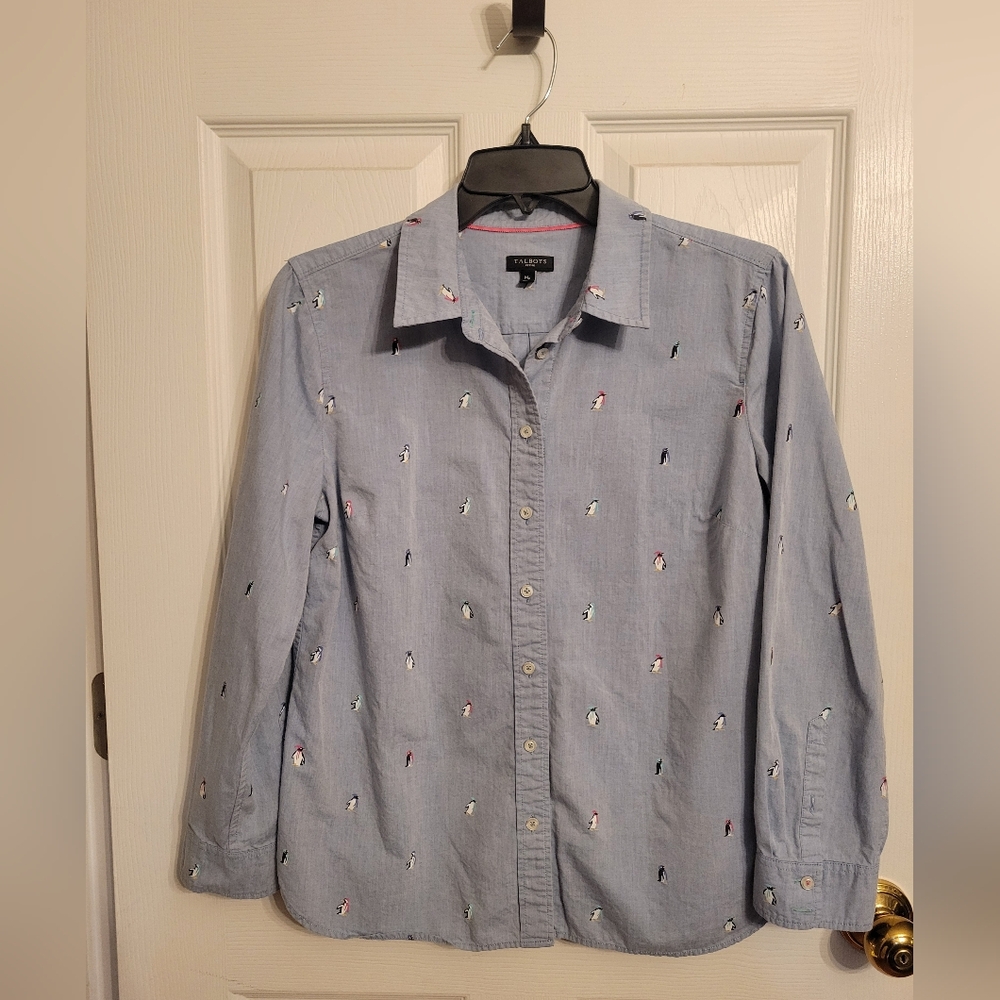 Talbots Women's Blue Button-Up Shirt Embroidered With Penguins
